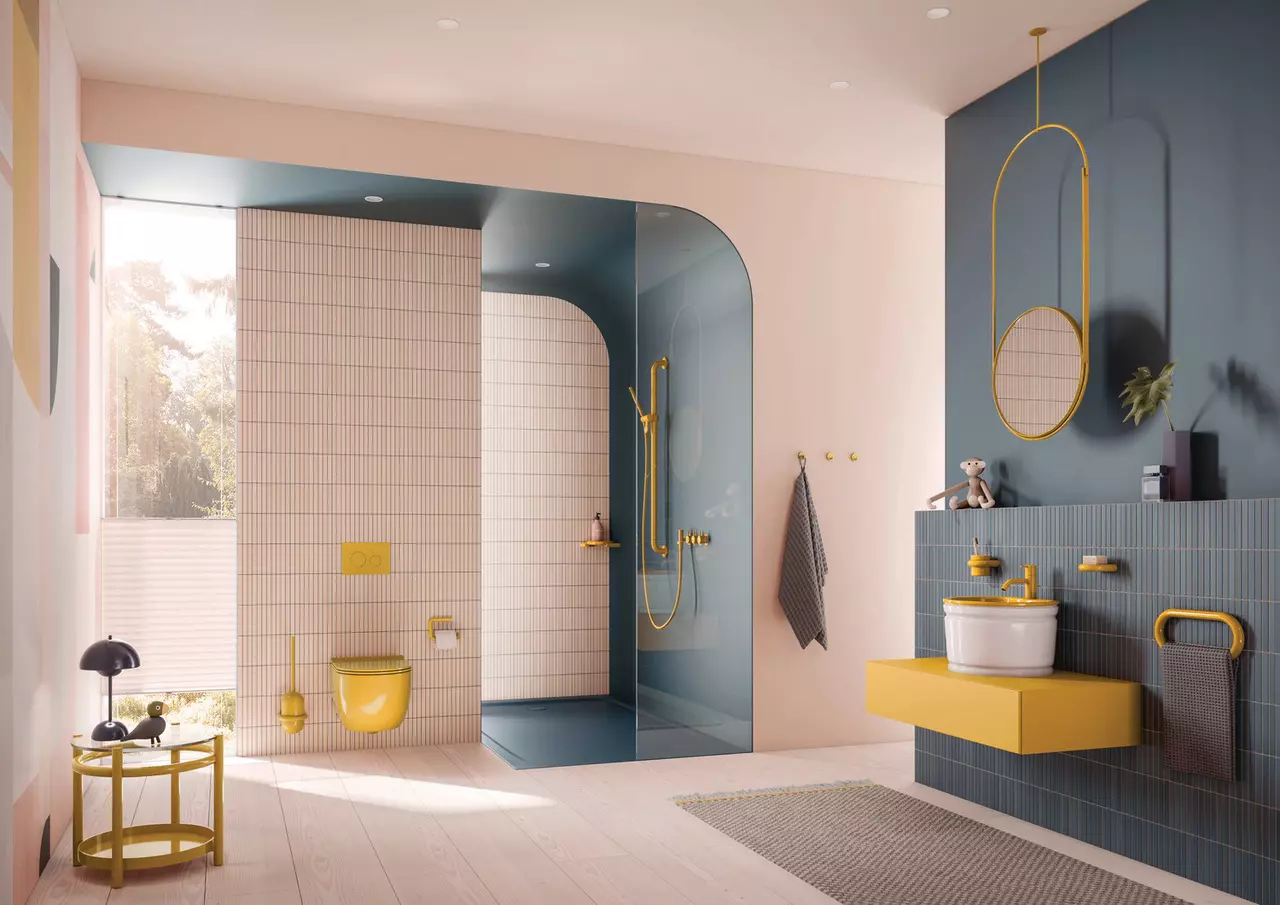 Badezimmer mit gelben Accessoires