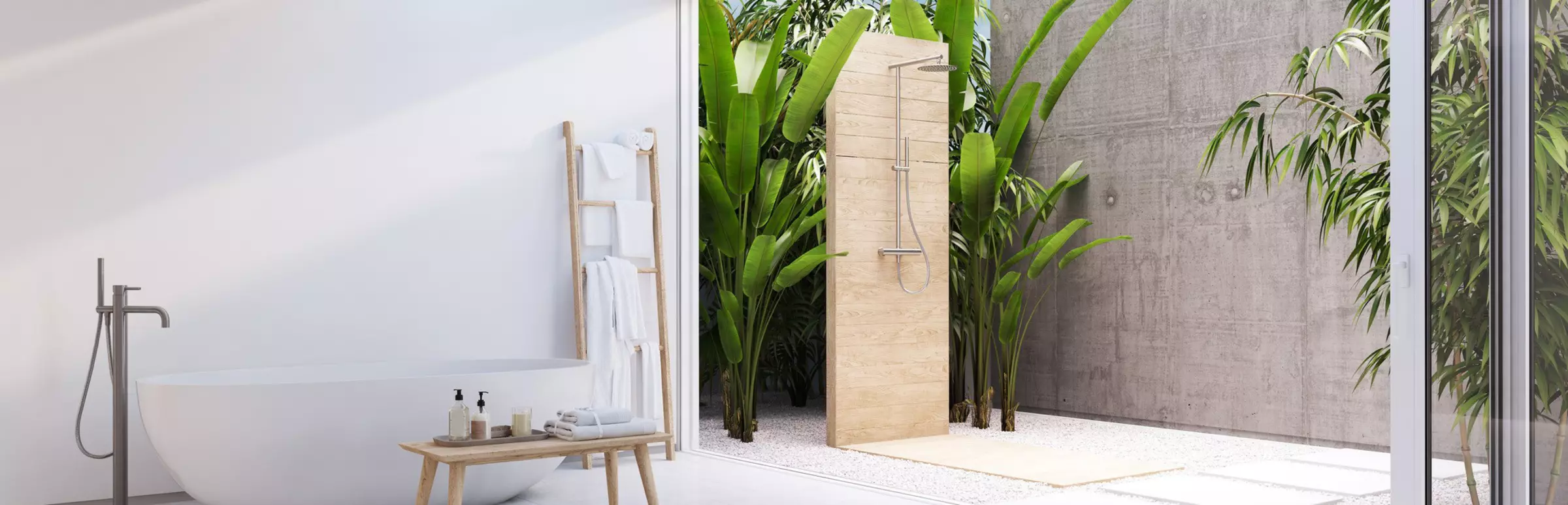 Rendering eines Badezimmers mit Outdoor-Dusche und freistehender Badewanne